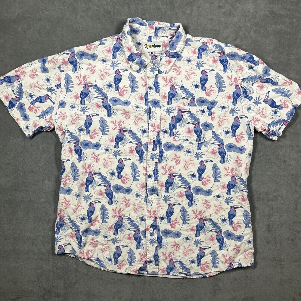 Vtg Tipsy Elves Hawaiian Shirt Men's 2XL White Tropical Toucan Button-Up Beach